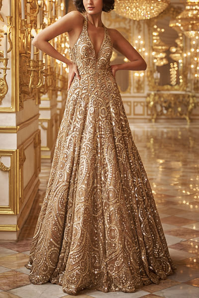 Gold metallic embroidery gown