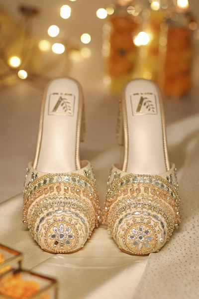 Gold mirror and crystal embellished mule heels