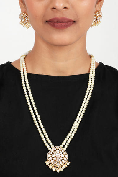 Sica Jewellery Gold moissanite polki and pearl long necklace set SICMAY23018