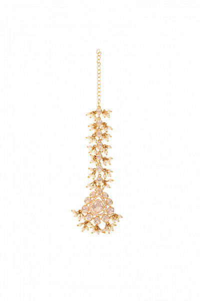 Gold moissanite polki and pearl maang tikka