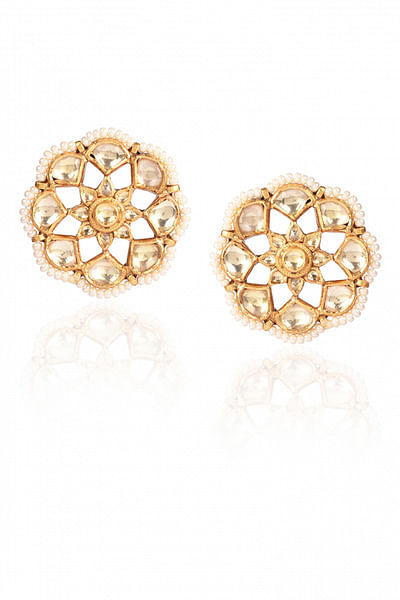 Gold pearl and kundan stone embellished studs
