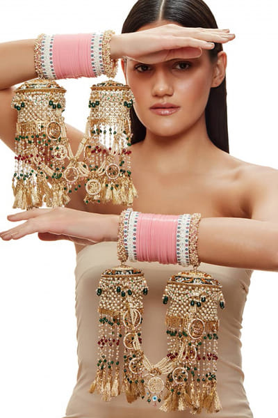 Gold pearl and semi-precious beads double kaleera set