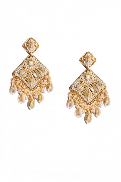 Gold pearl and shell dangler earrings