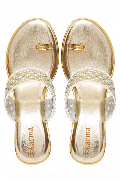 Gold pearl embellished kolhapuri block heels