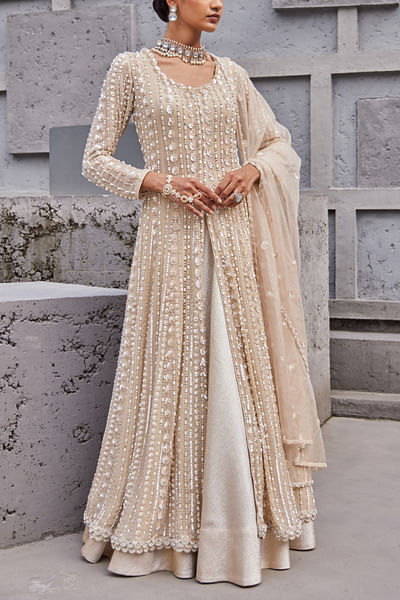 Gold pearl embroidery jacket and lehenga set