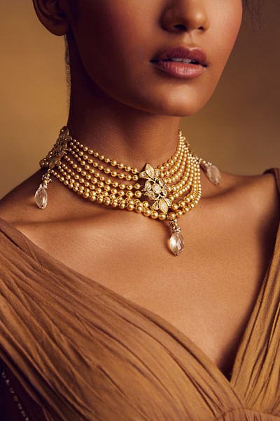 Gold pearl layered choker