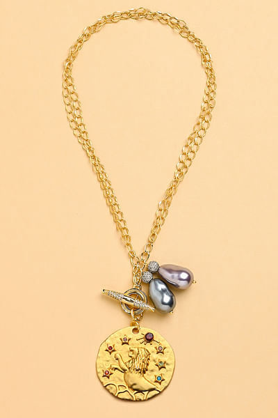 Gold pearl Leo zodiac necklace