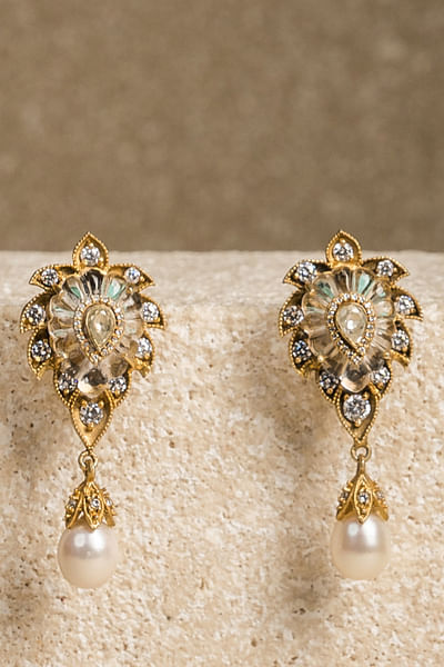 Gold rock crystal carved drop earrings
