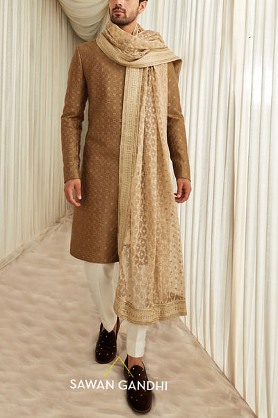 Gold self textured embellished sherwani set