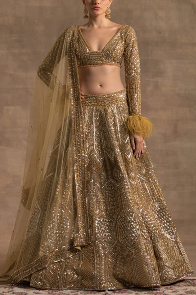 Gold sequin and crystal embroidery lehenga set