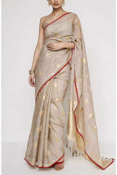 Gold sequin and french knot embroidered sari set