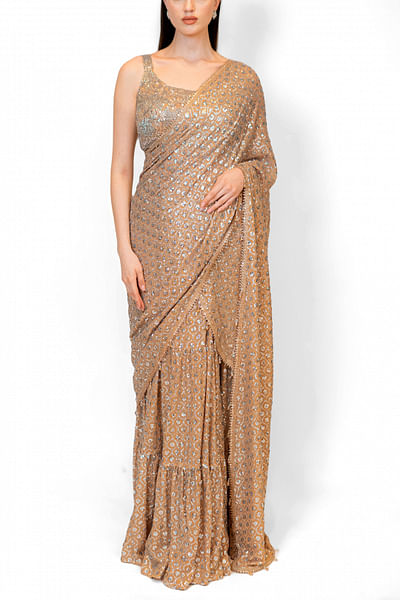Gold sequin and stone embellished draped sari set