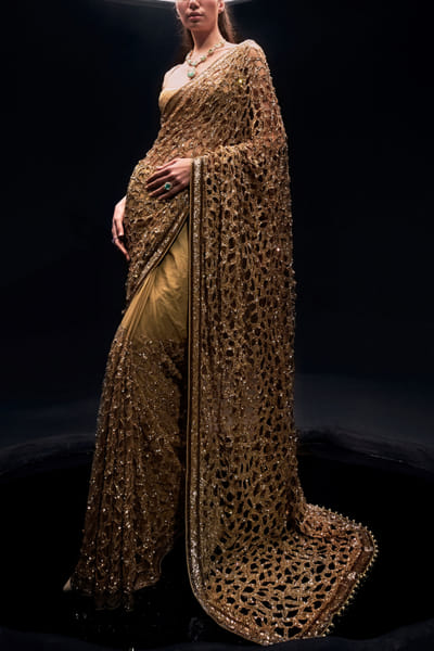 Gold sequin cutwork sari set
