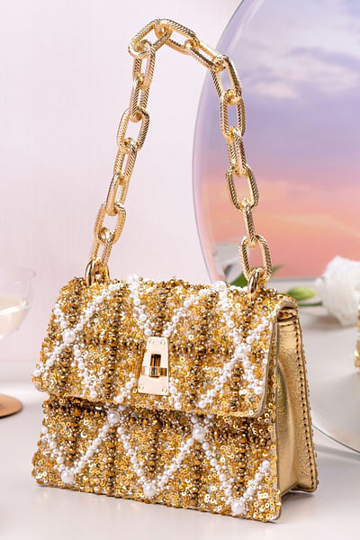 Gold sequin embellished mini handbag
