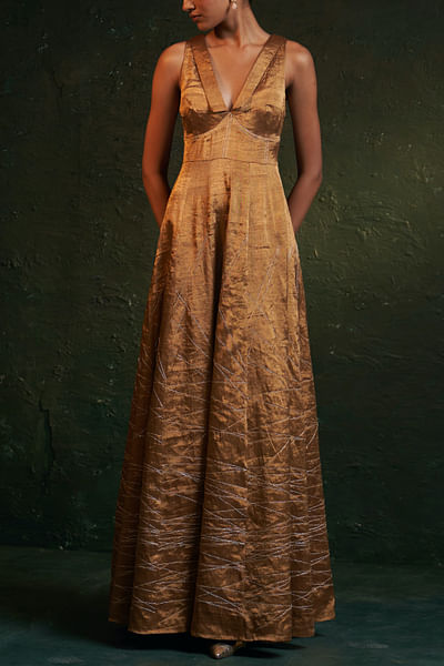 Gold silk tissue dori work dress