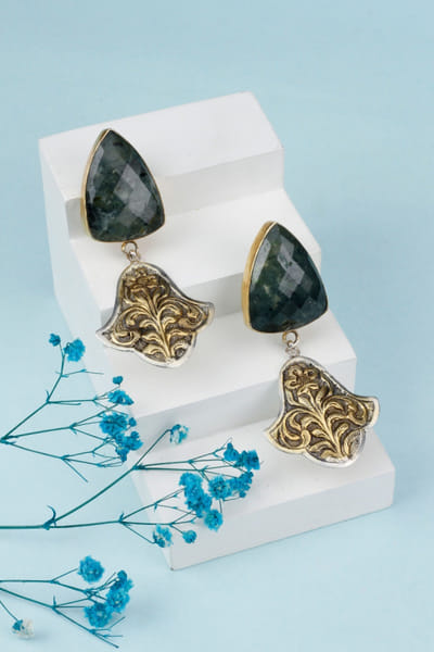 Gold stone embellished carved earrings