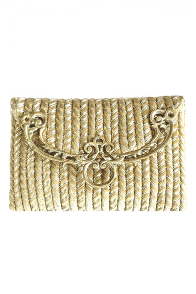 Gold velvet cord aari work clutch