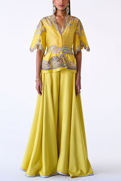 Gold yellow paisley embroidery jacket set