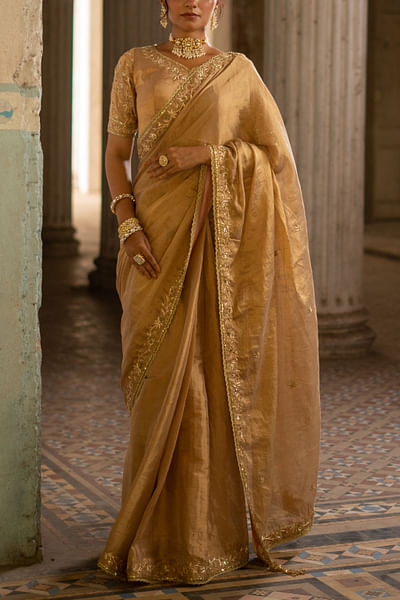 Gold zardozi embroidered tissue sari