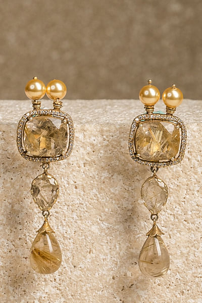 Gold zircon and pearl embellished drop earrings