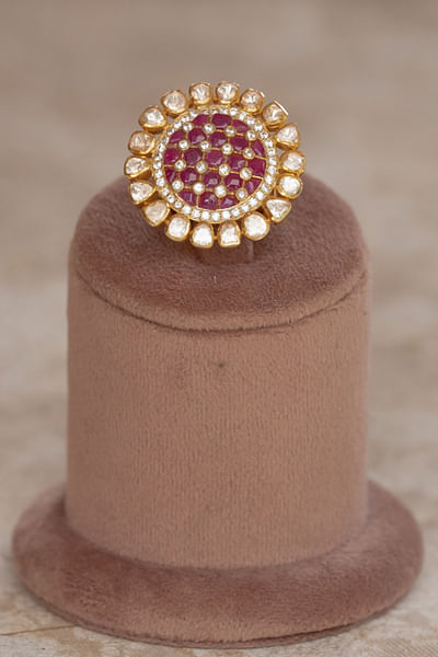 Gold zirconia diamond and moissanite polki ring