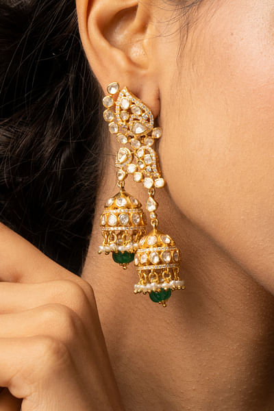 Gold zirconia diamond and pearl layered jhumkas