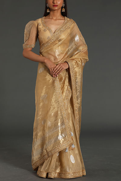 Golden beige dori embroidery sari set