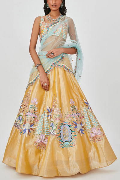 Goldenrod floral appliqued lehenga set
