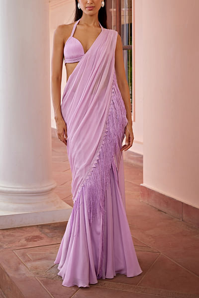 Grape fringed pre-draped sari set