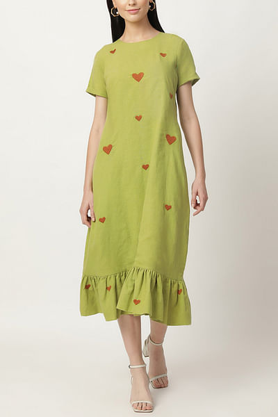 Grass green motif embroidery dress