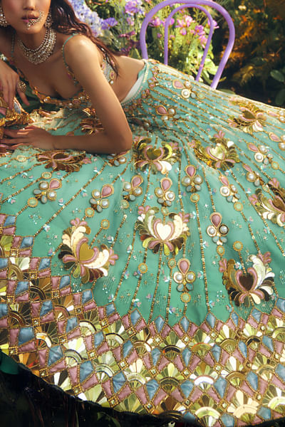Green 3D embellished lehenga set
