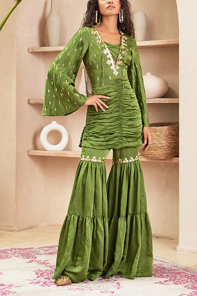 Green 3D embellished ruched sharara set
