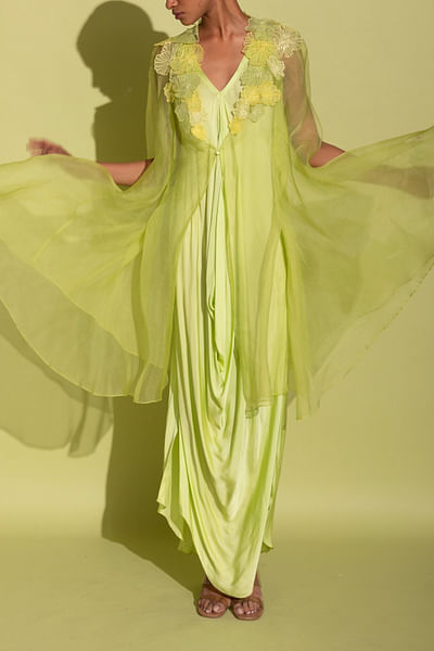 Green 3D floral appliqued draped dress set