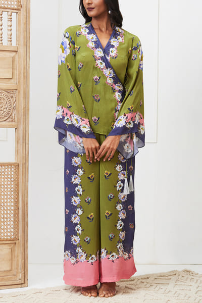 Soup by Sougat Paul Green and blue floral print angrakha co-ords SSPNOV23DP213