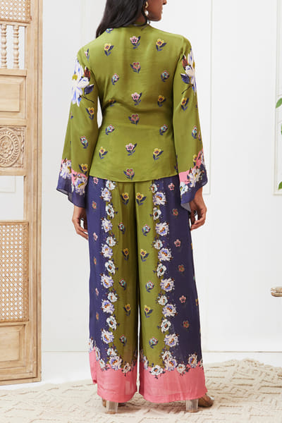 Soup by Sougat Paul Green and blue floral print angrakha co-ords SSPNOV23DP213