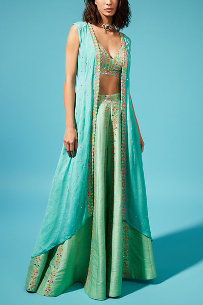 Green and blue sequin and thread embroidered long jacket and palazzo set