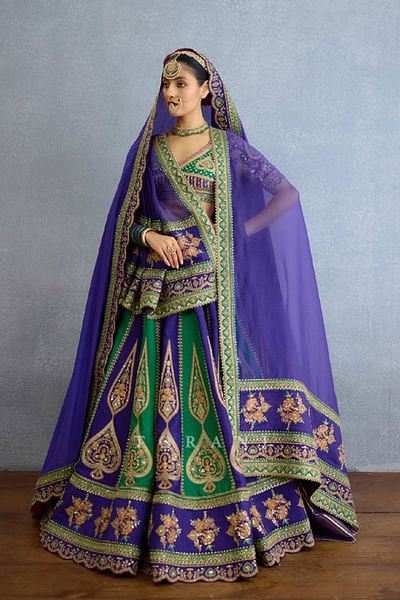 Green and blue zari embroidered lehenga set