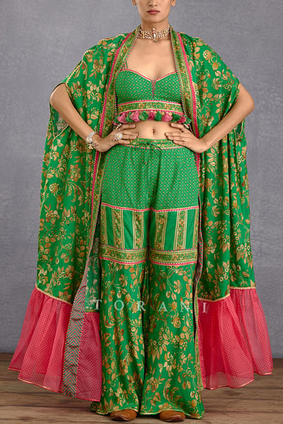 Green and pink bhagalpuri print jacket sharara set