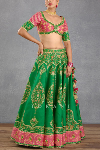 Green and pink bhagalpuri print lehenga set