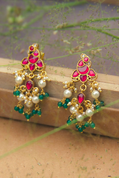 Green and pink bird kundan earrings
