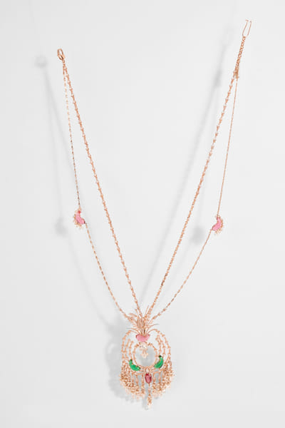 Green and pink cubic zirconia layered necklace