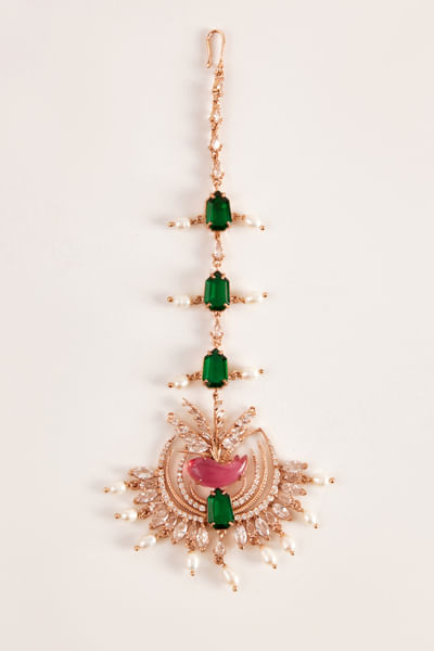 Green and pink cubic zirconia maang tikka