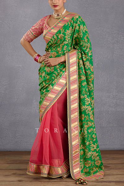 Green and pink embellished bhagalpuri print sari set
