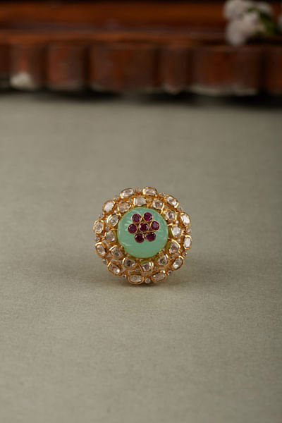 Green and pink floral moissanite polki ring