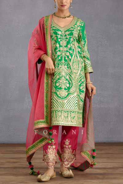 Green and pink gota embroidered kurta set