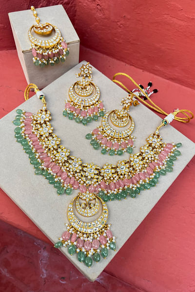 Green and pink kundan polki necklace set