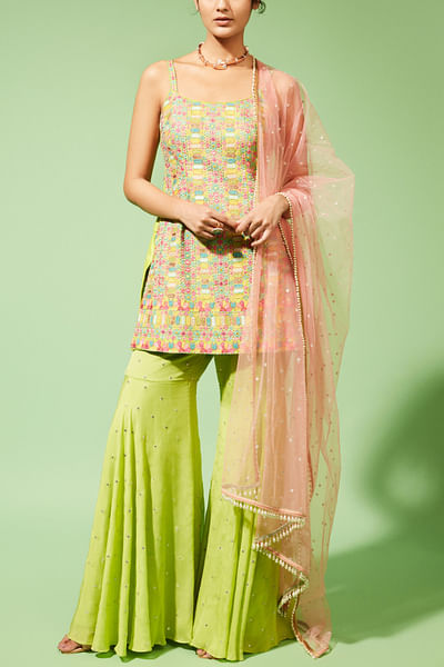 Green and pink thread embroidered short kurta and gharara set
