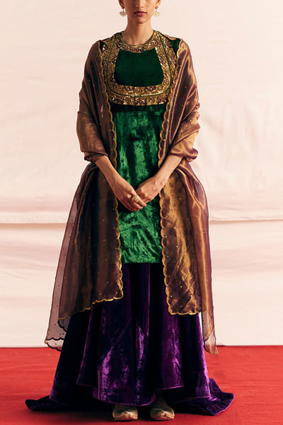 Green and purple velvet gharara set