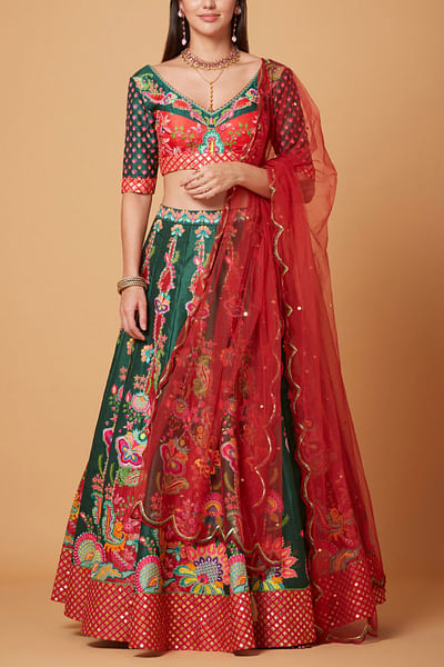 Green and red embroidered lehenga set