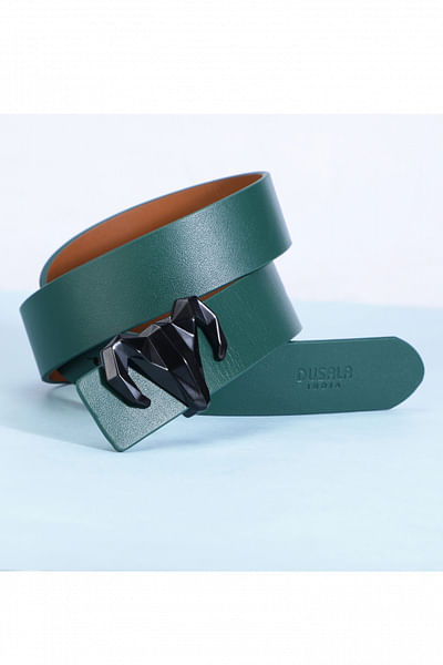 Green and tan reversible leather belt